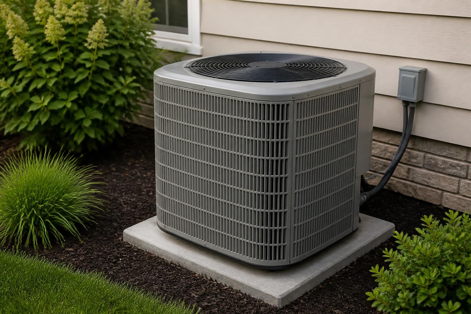 Clean outdoor AC condenser beside a well-kept home.