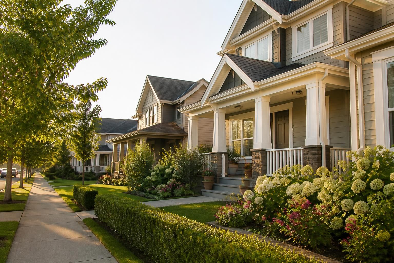 Charming homes with neat gardens in soft afternoon light.