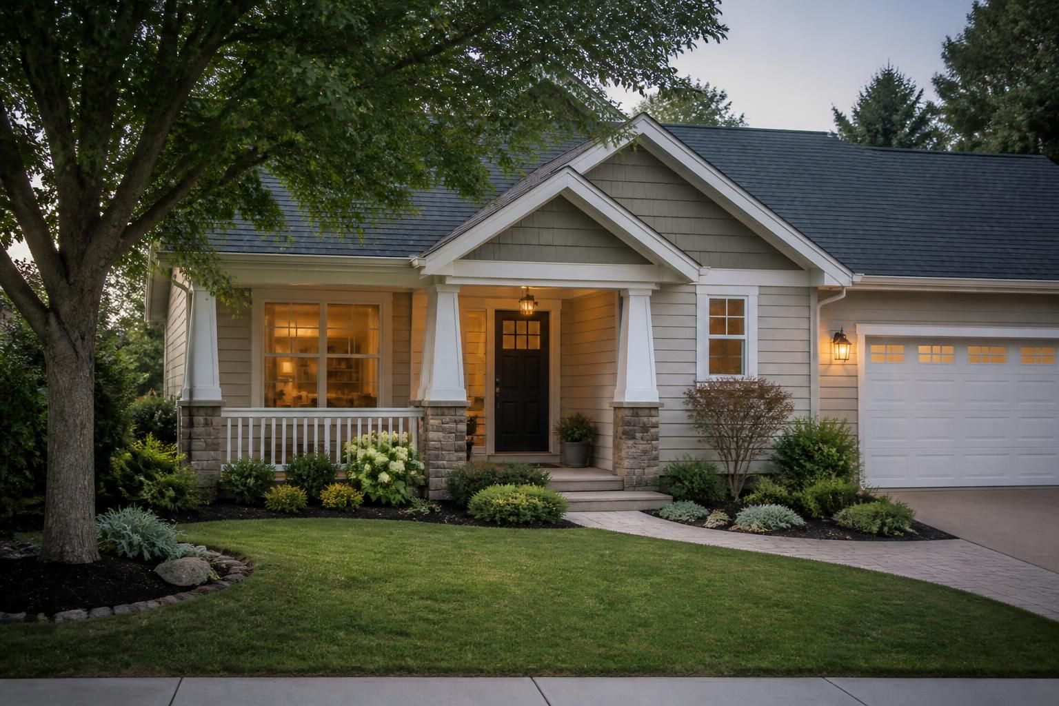 Suburban home exterior with a neat front yard in soft daylight.