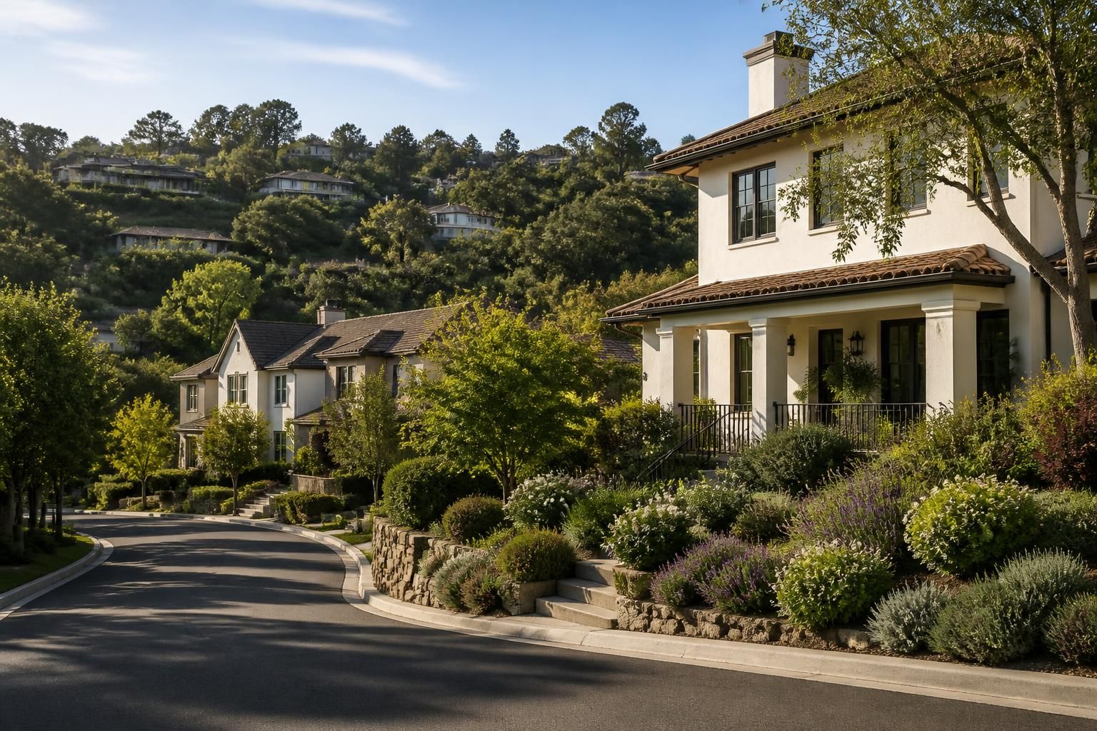 Elegant hillside homes with soft greenery in daylight.