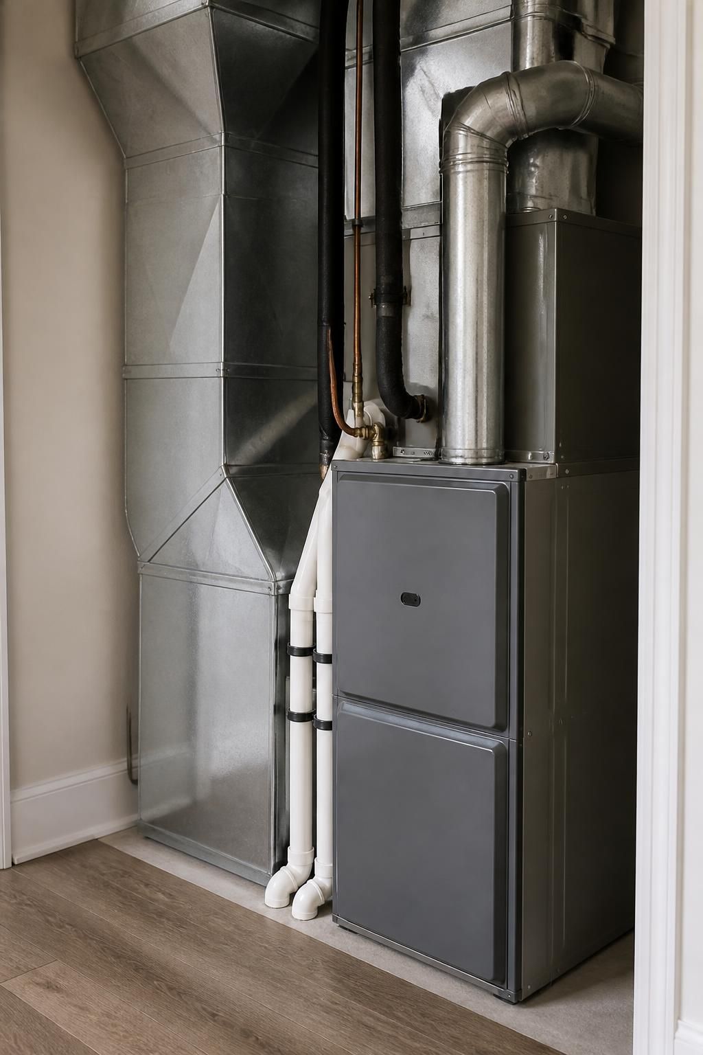 Finished HVAC equipment installed neatly in a clean mechanical closet.