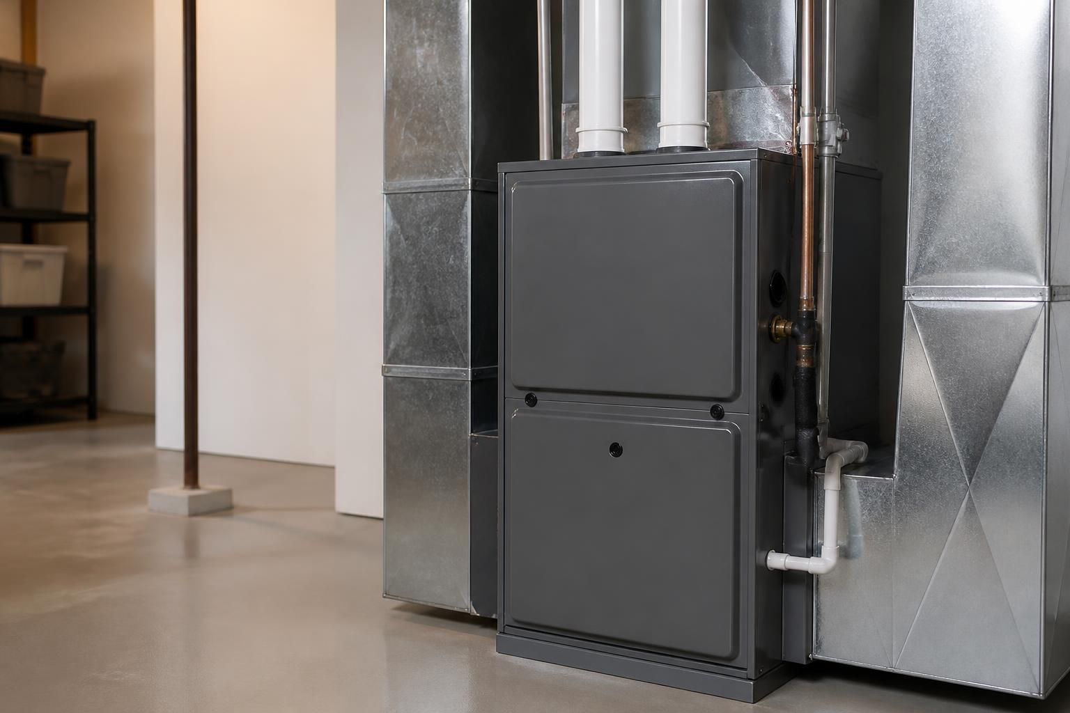 New furnace installed neatly in a clean mechanical room.