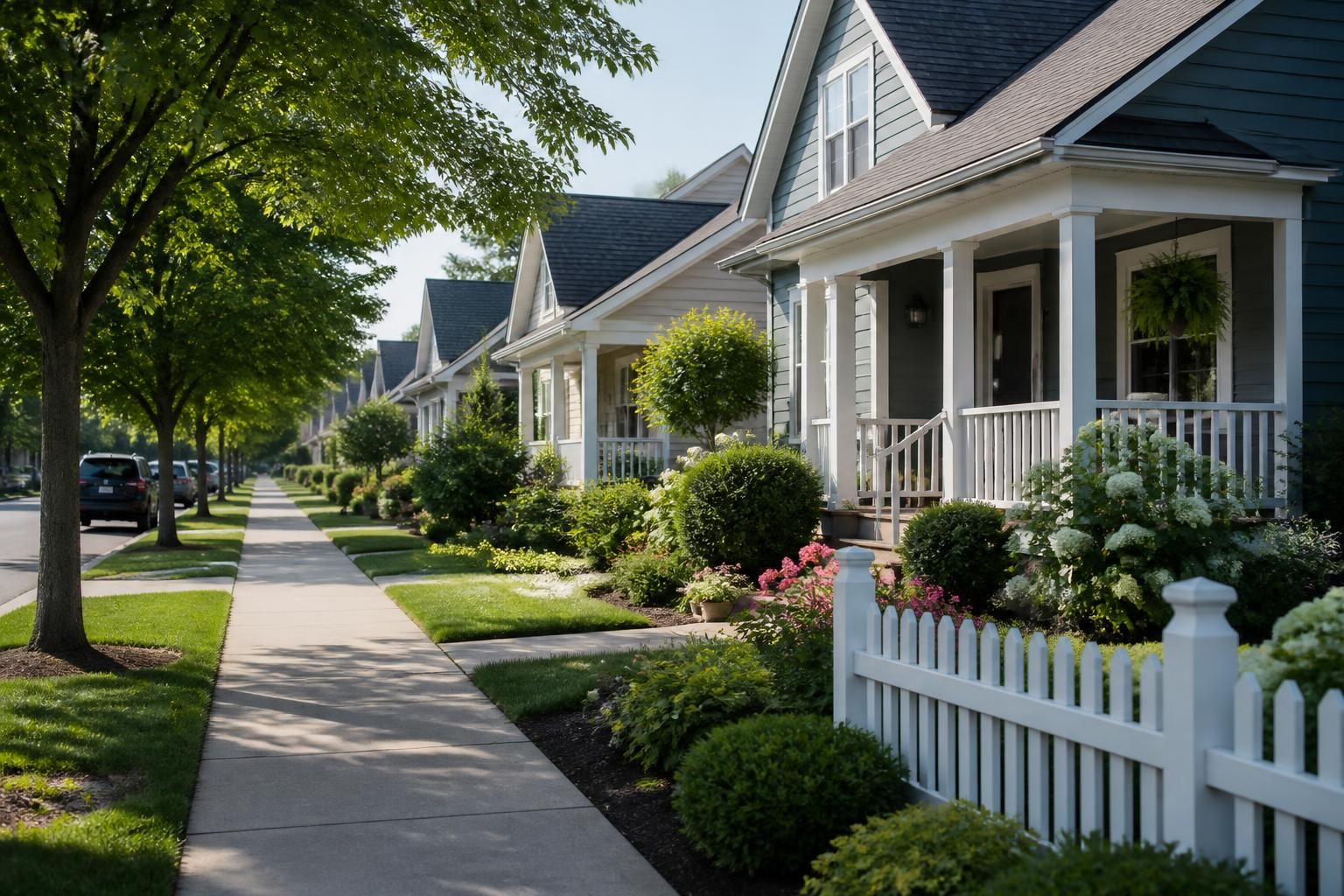 Calm neighborhood with clean sidewalks and neat houses.