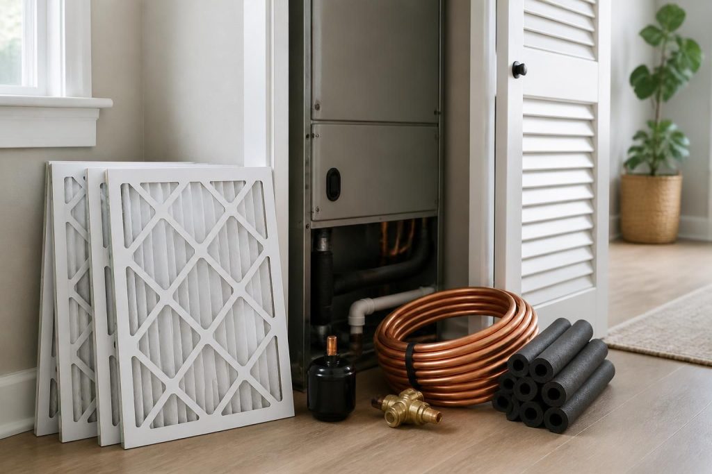 Organized HVAC materials beside a clean finished indoor unit.