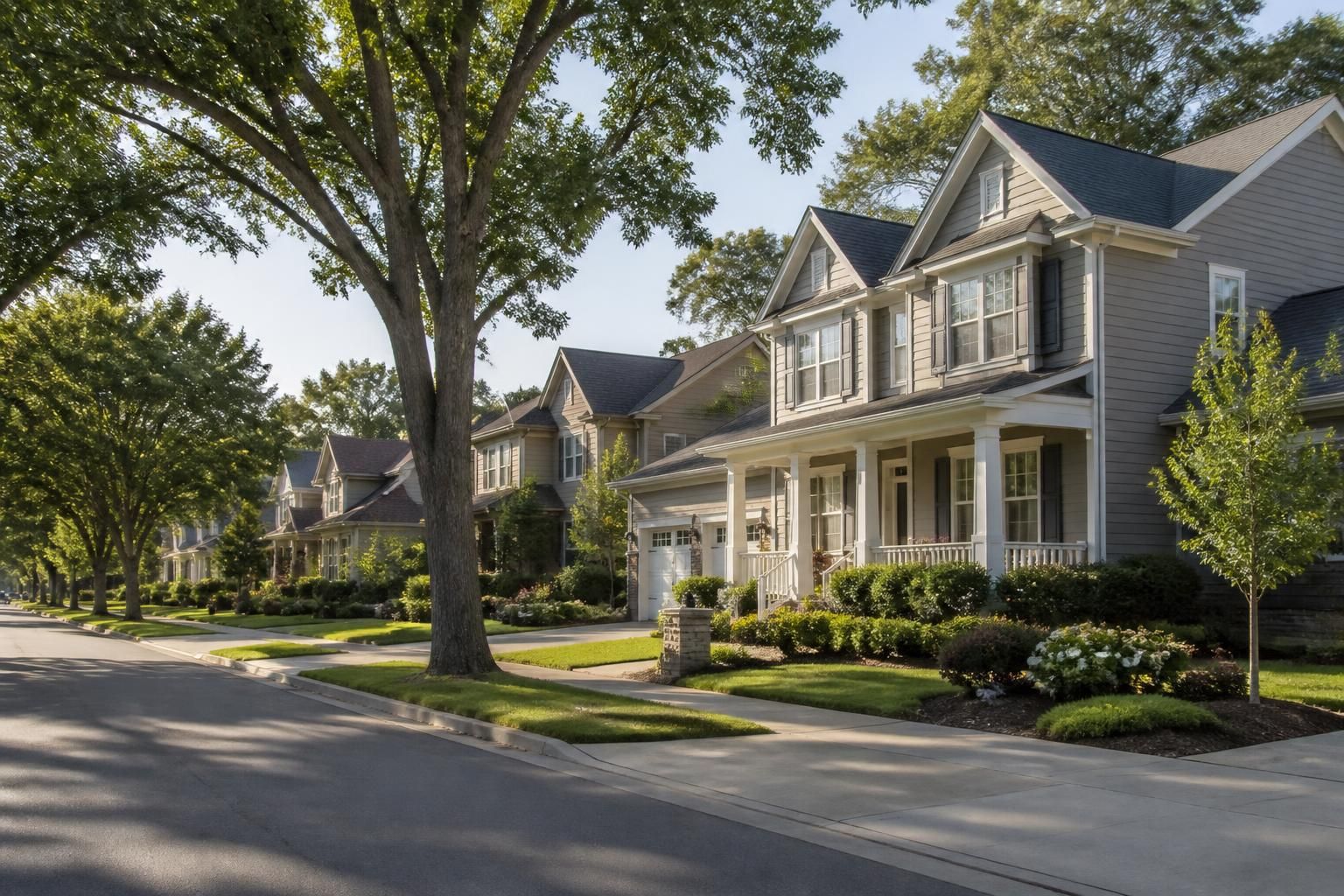 Welcoming neighborhood with tidy homes and mature trees.