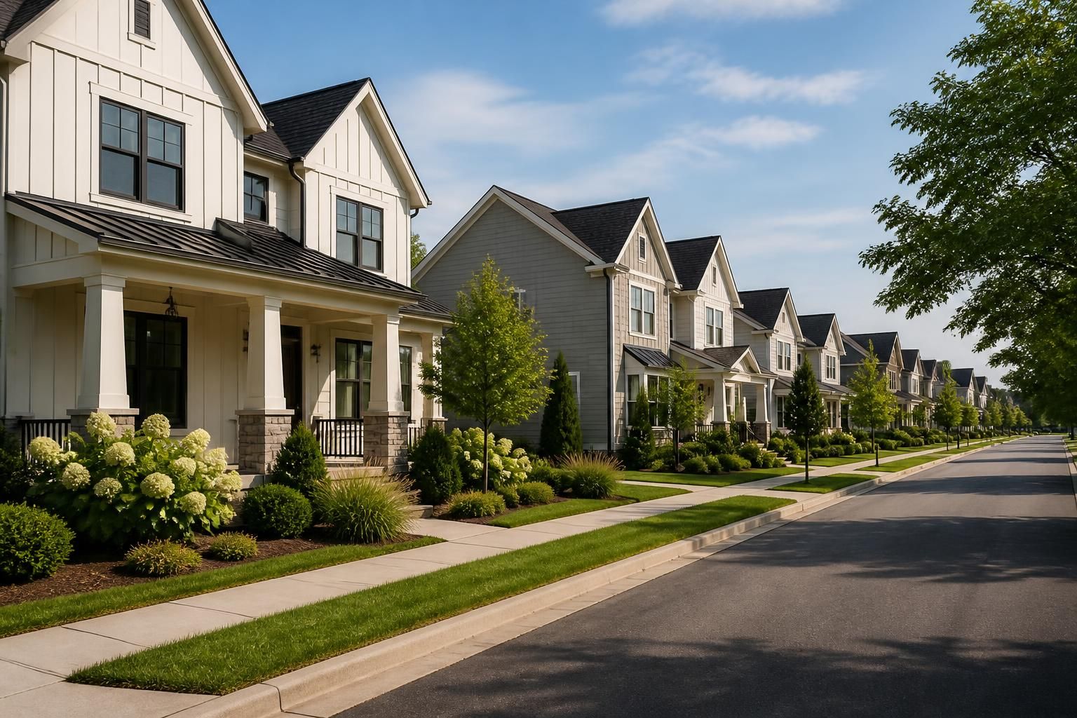 Residential street with modern homes and trimmed landscaping.
